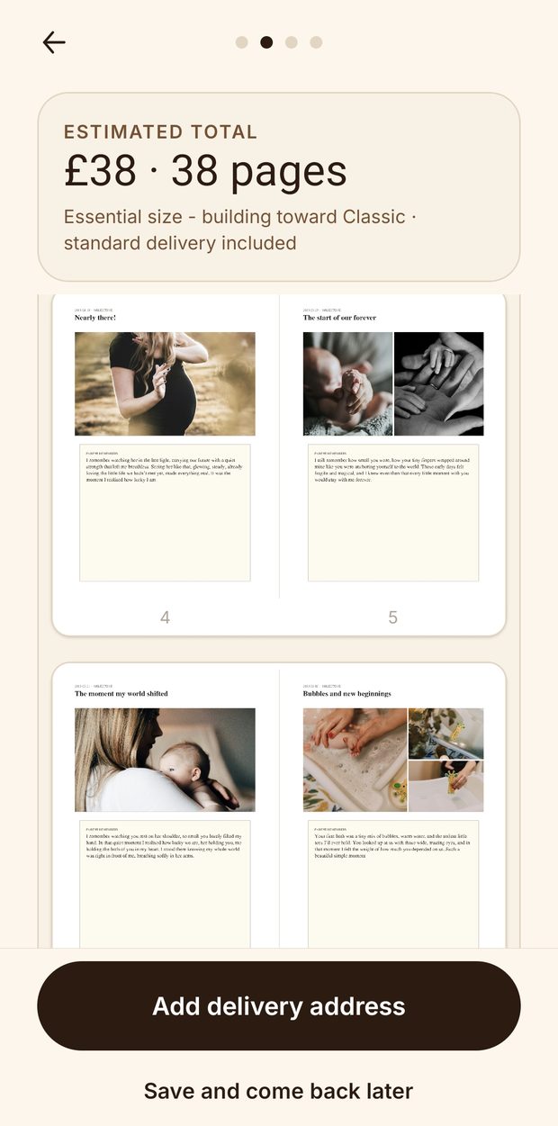 The book preview in Our Chapters showing printed page spreads, a page count and an estimated total