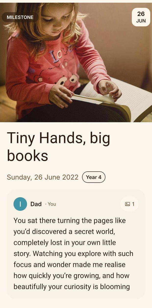 A memory in Our Chapters: a photo, a date, and what the parent wrote about it