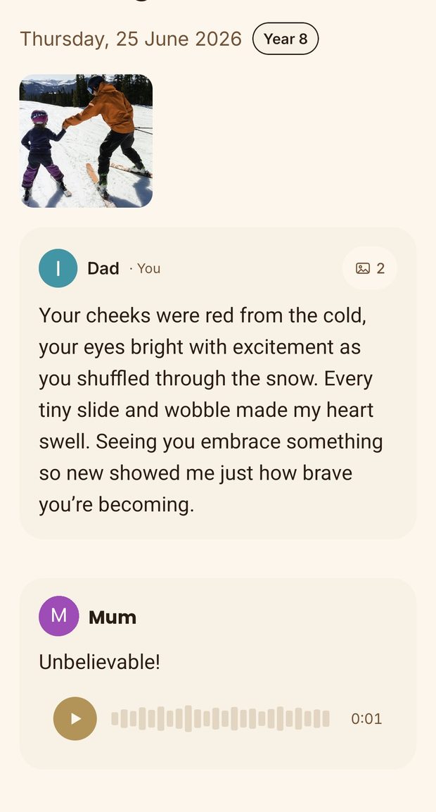 A memory with Dad's written entry and Mum's voice note side by side