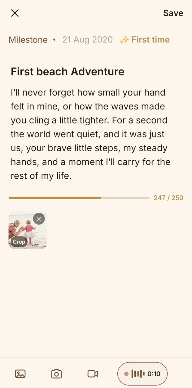 Recording a voice note onto a memory in Our Chapters