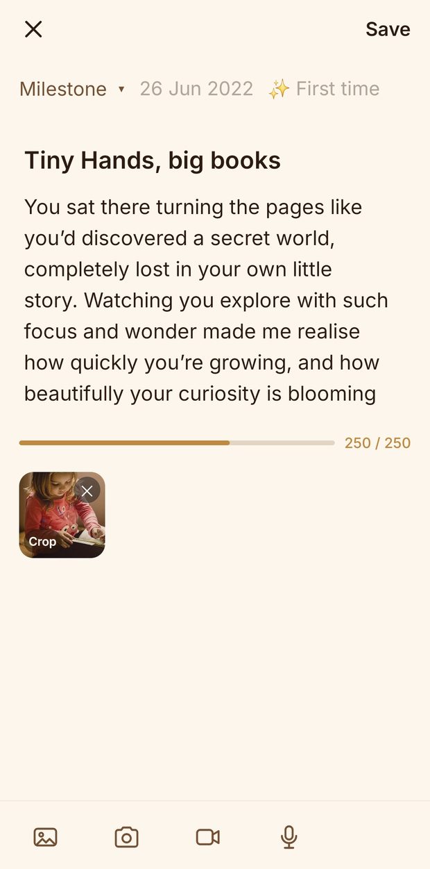 Writing a memory in Our Chapters with a photo attached